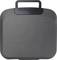 A black, rectangular suitcase with rounded edges and a handle on top.