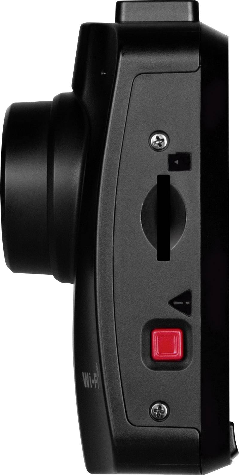 Side view of a black camera with a red button and WiFi symbol, also showing a slot and buttons for controls.