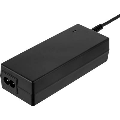 Black power adapter with cable, in rectangular shape, for electronic devices.