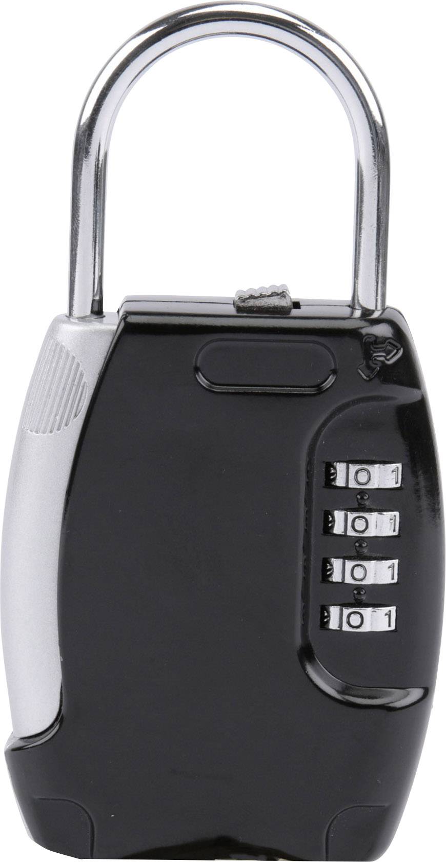 Black combination padlock with silver elements and a shackle. It has four dial wheels for entering the combination.