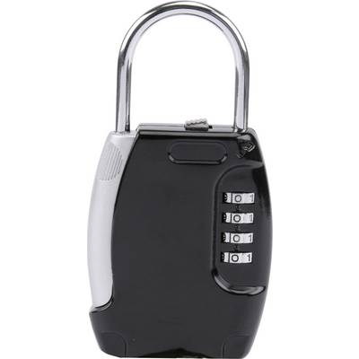 Black combination padlock with silver elements and a shackle. It has four dial wheels for entering the combination.