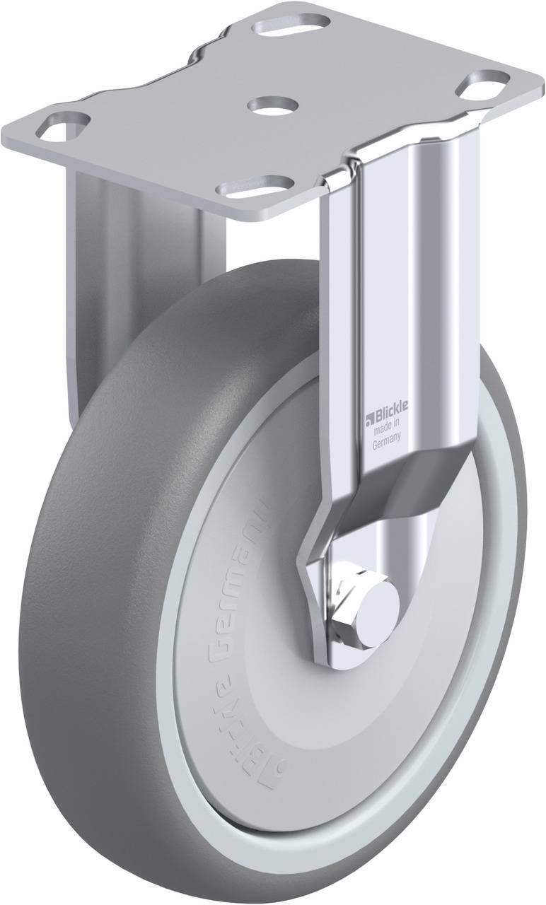 Grey metal and rubber steering castor, robust, with mounting base. Suitable for furniture or transport trolleys.
