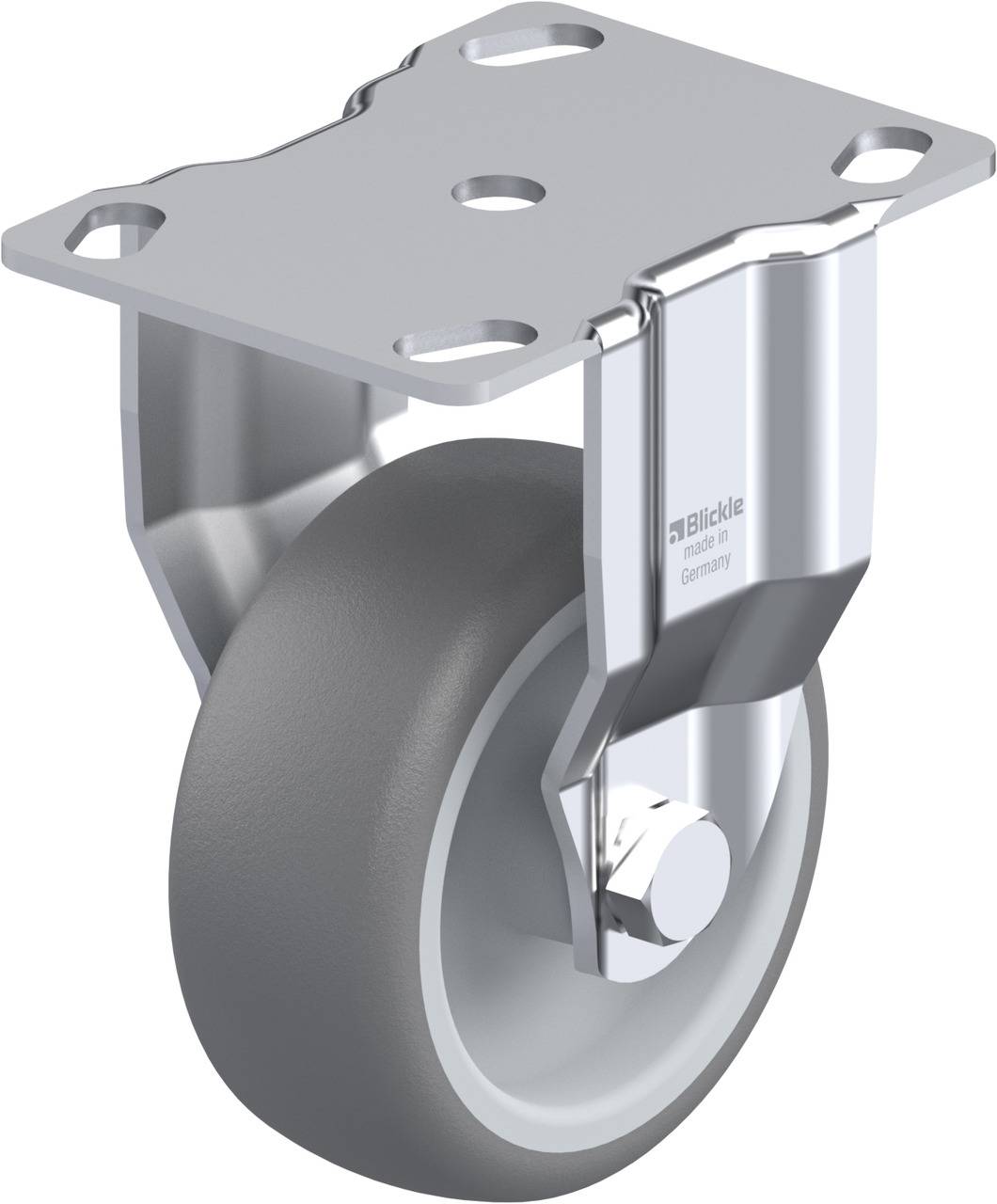 Metal castor with grey rubber wheel and rectangular mounting plate. Suitable for furniture or transport equipment.