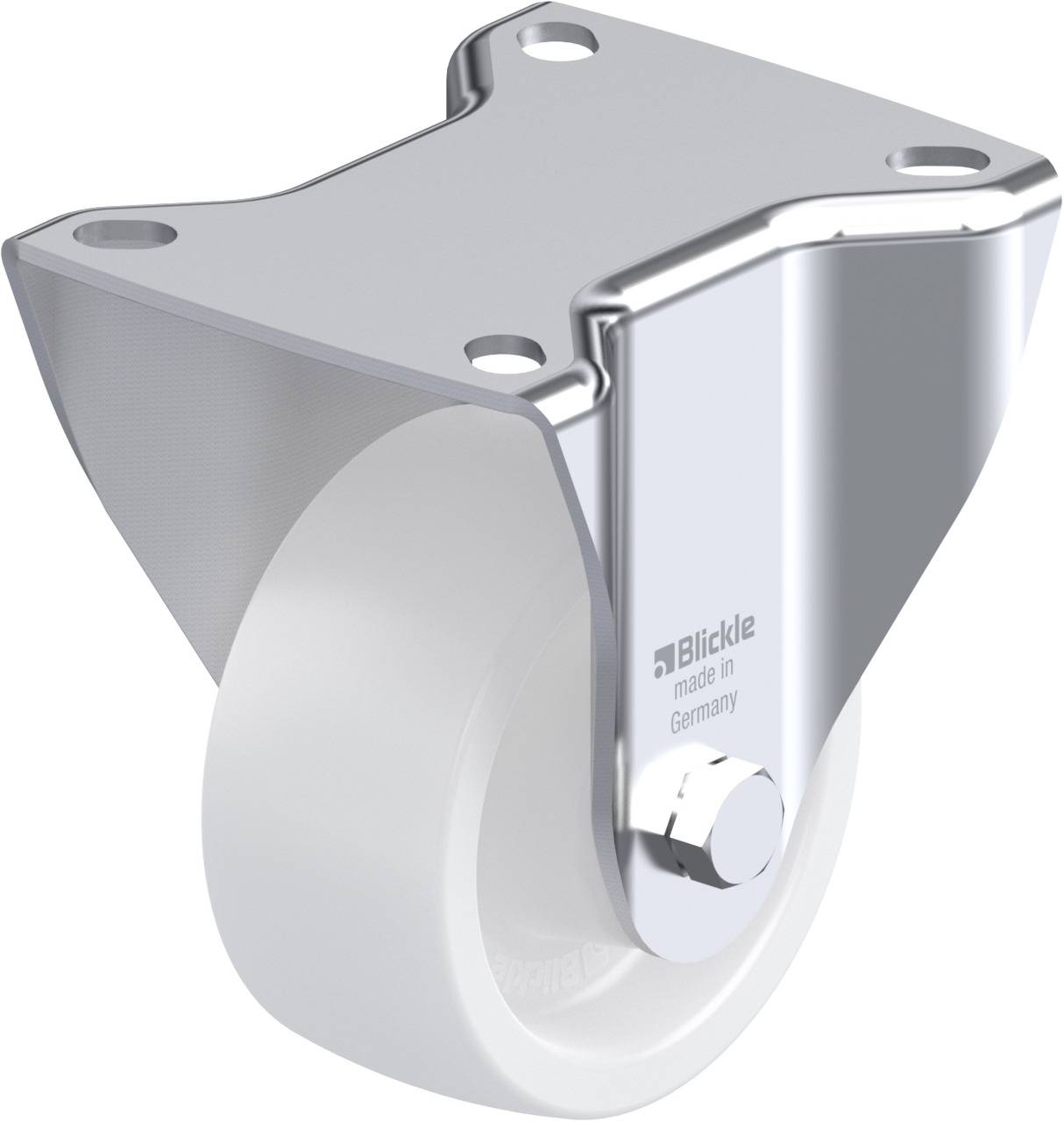 A white castor wheel with a silver metal mounting, marked with 'Blickle made in Germany' on the mounting.