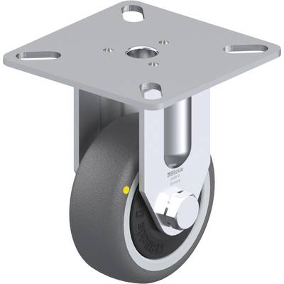 Swivel castor with grey wheel, silver metal mounting bracket and rectangular mounting plate with four holes, side view.