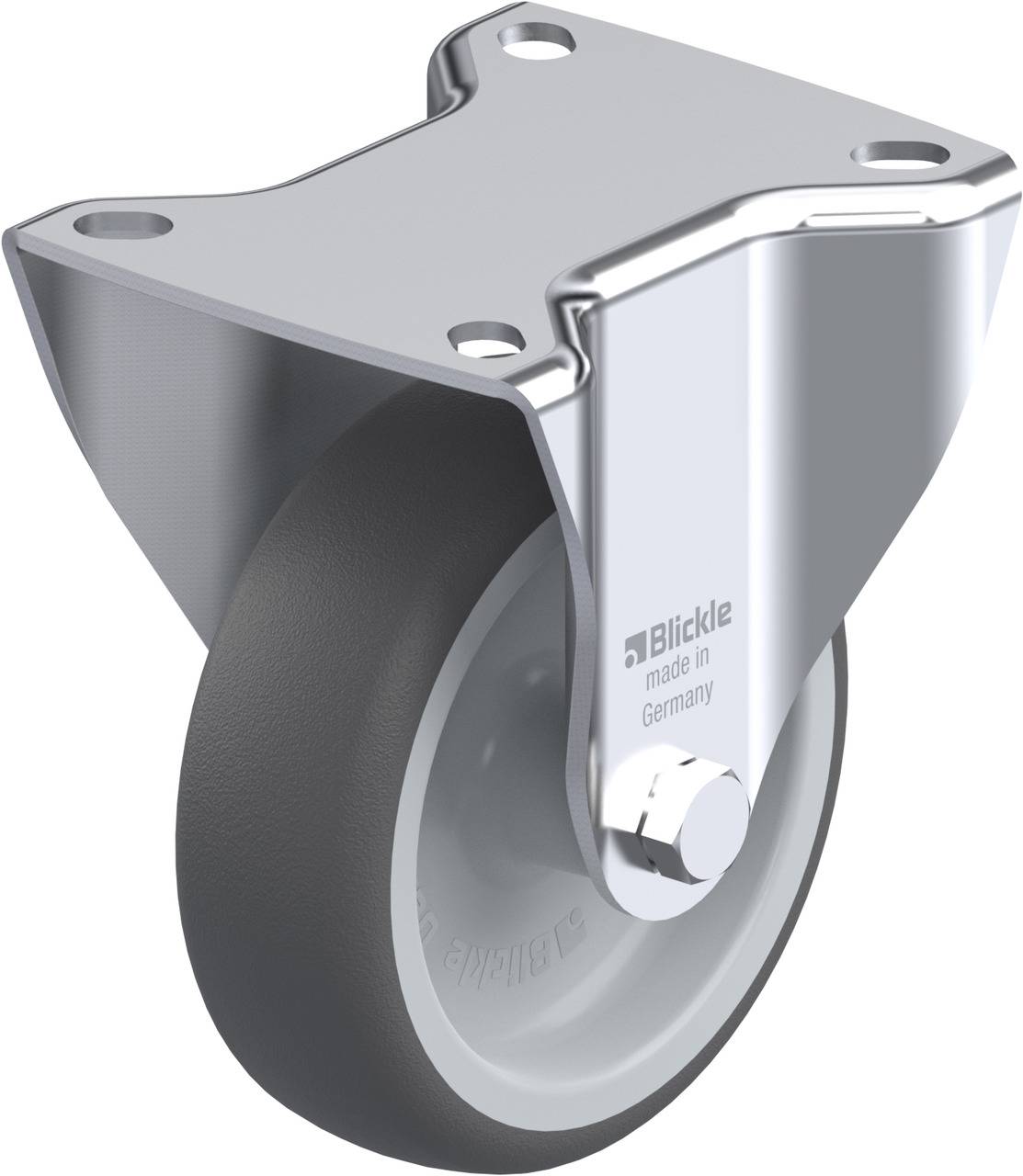 Metal roller holder with black rubber wheel, suitable for industrial applications. 'Blickle made in Germany' marking on the mounting bracket.