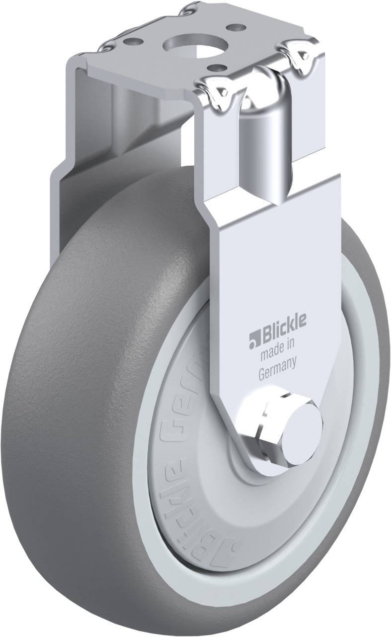 Industrial castor wheel with metal housing and grey rubber tyre, Blickle brand, with 'made in Germany' marking.