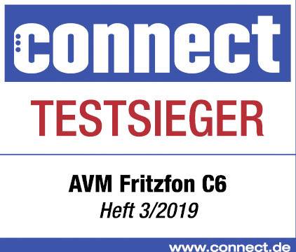 'connect Winner's Choice: AVM Fritzfon C6, Issue 3/2019' Logo shows test result and edition.