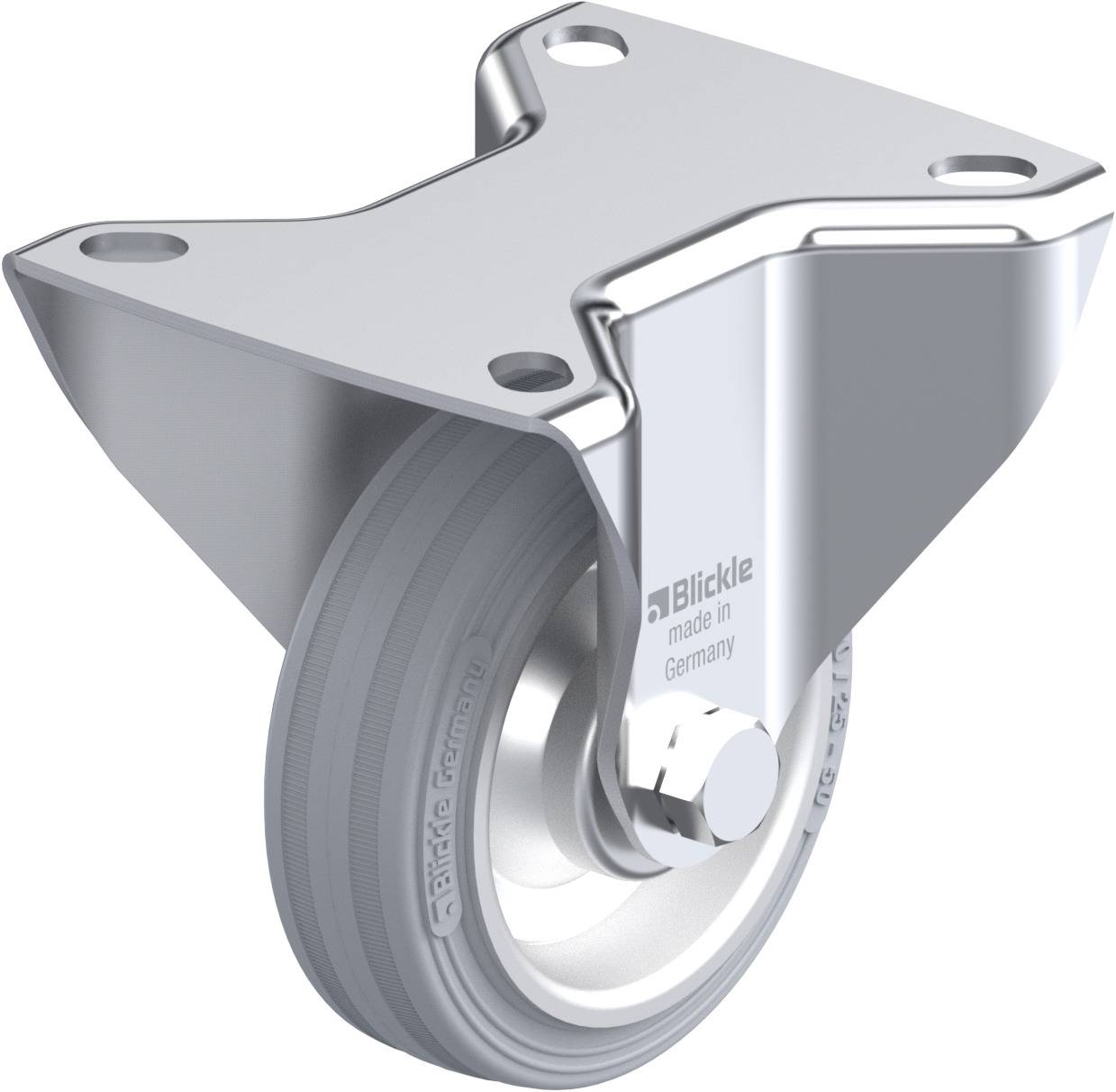 Industrial swivel castor made of metal with a grey wheel, suitable for heavy loads. Marked with 'Blickle, Made in Germany' on the side.
