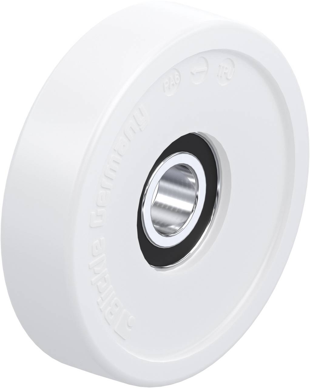 White plastic castor wheel with ball bearing, suitable for furniture or equipment. Embossed with the text 'made in germany'.