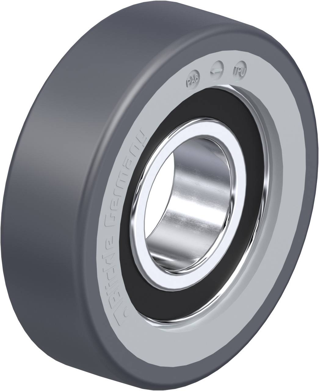 A ball bearing with a grey outer ring and a shiny inner ring. 'Germany' is embossed on the side.