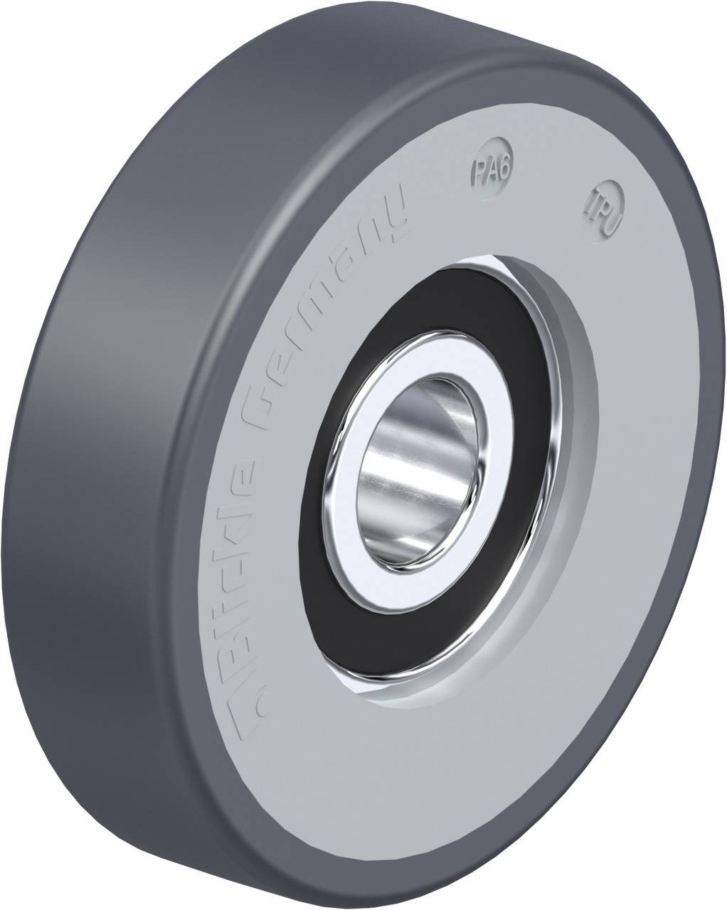 Grey ball bearing with a shiny, metallic inner surface, side inscription 'PA6' and 'PU', suitable for industrial applications.