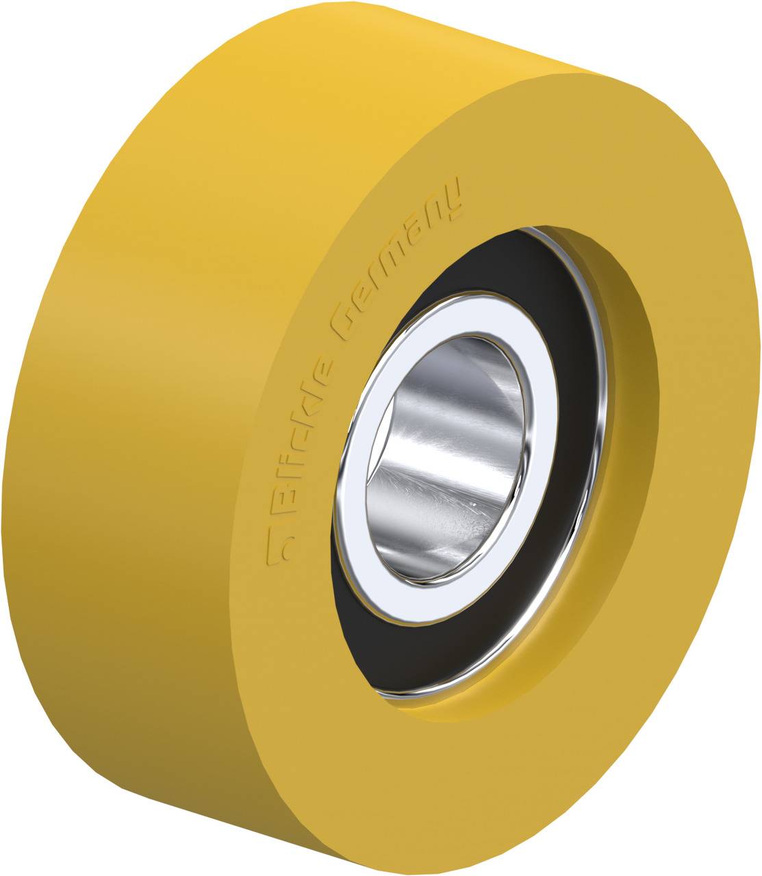 Yellow wheel with metal ball bearings in the centre, labelled on the side with "Blickle Germany".