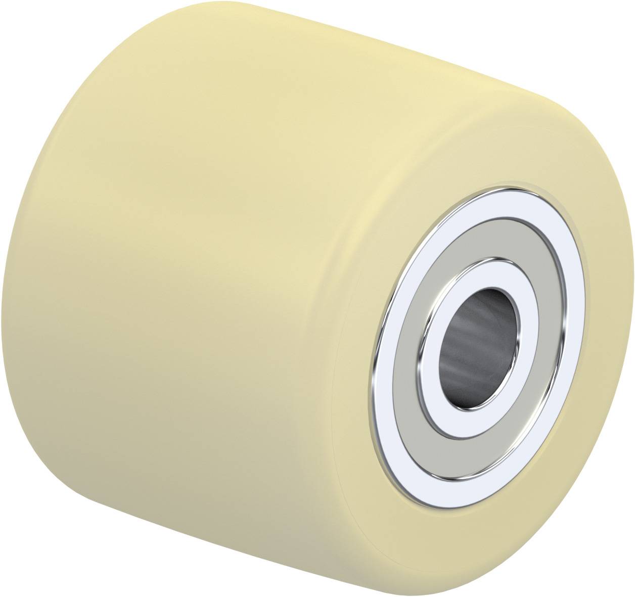 Beige roller with a silver ball bearing, used for skates or similar, showing front view.