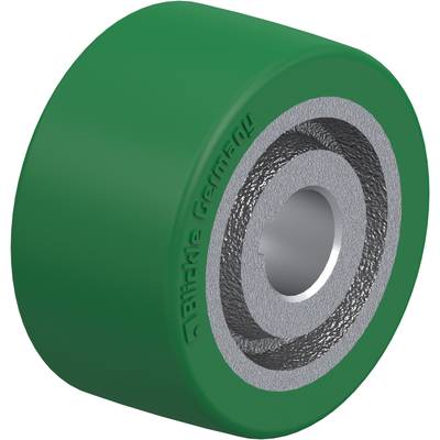 Green plastic wheel with a silver metal core and an embossed 'Blickle Germany' marking on the side.