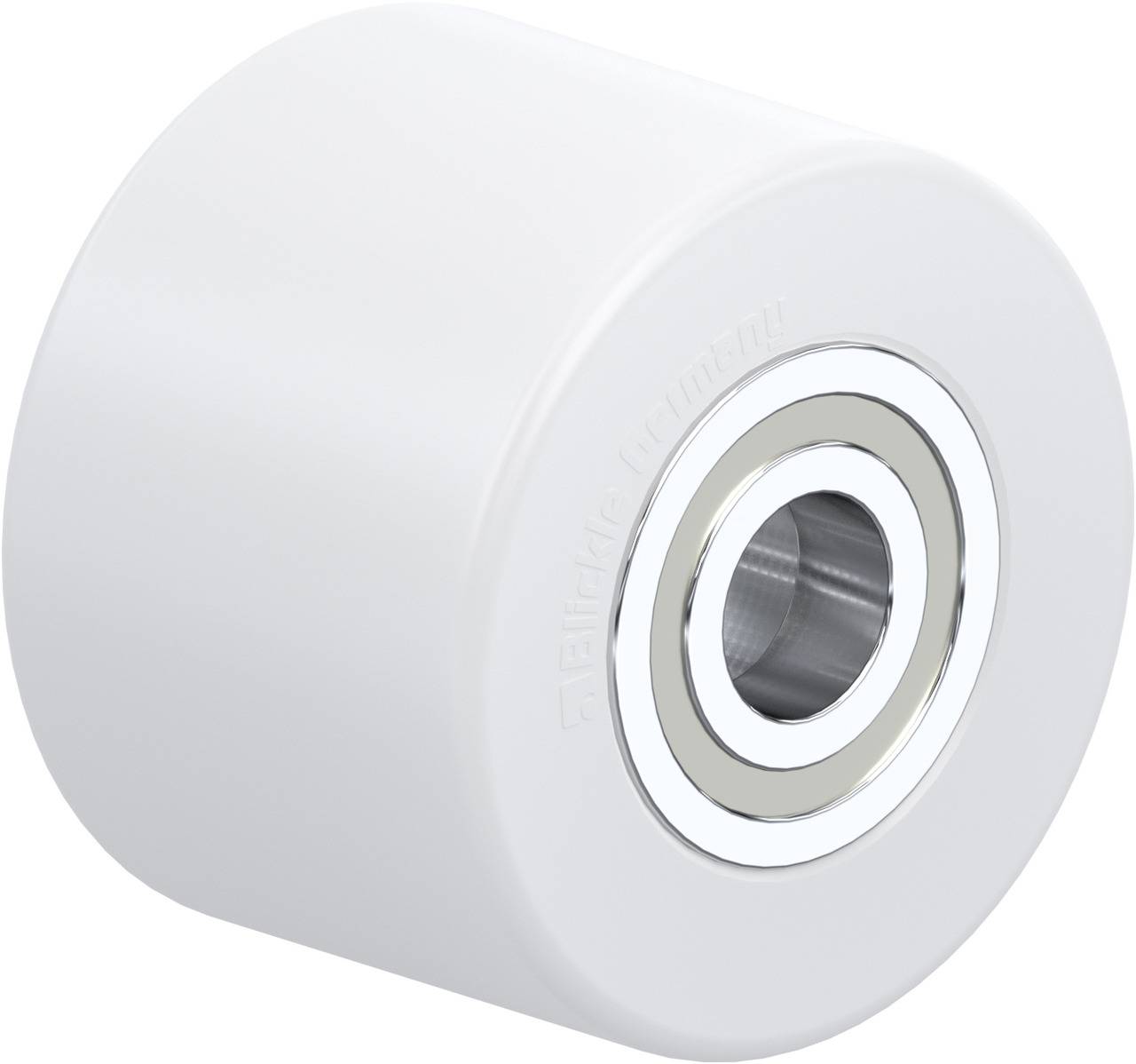 White plastic wheel with integrated ball bearing, suitable for furniture or equipment, provides quiet and stable movement.