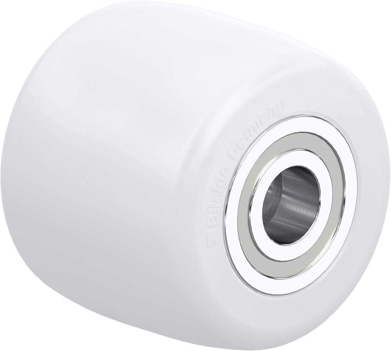White plastic wheel with integrated metal ball bearing, cylindrical shape and smooth surface.