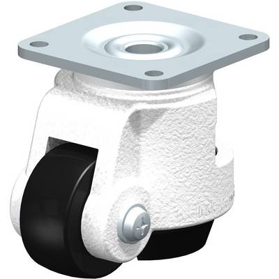 A lockable castor wheel with a white housing and black wheel, mounted on a metal plate. Ideal for furniture movement.