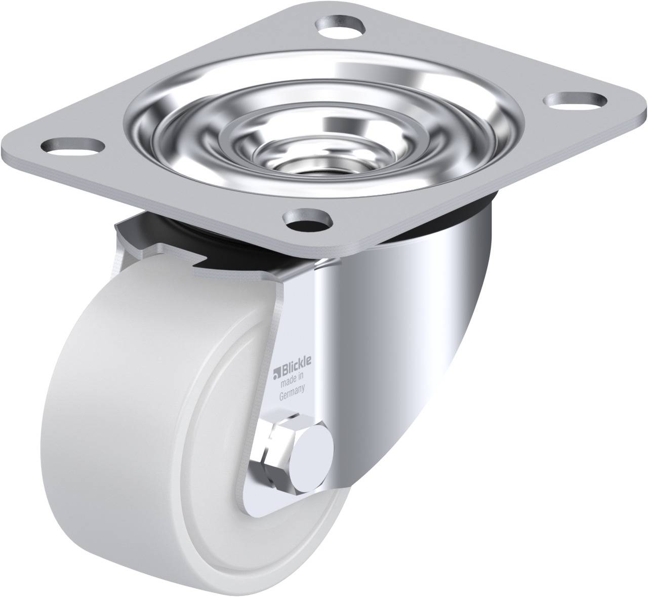 Metal castoring wheel with metal plate on top, suitable for furniture or equipment, enabling flexible movement.