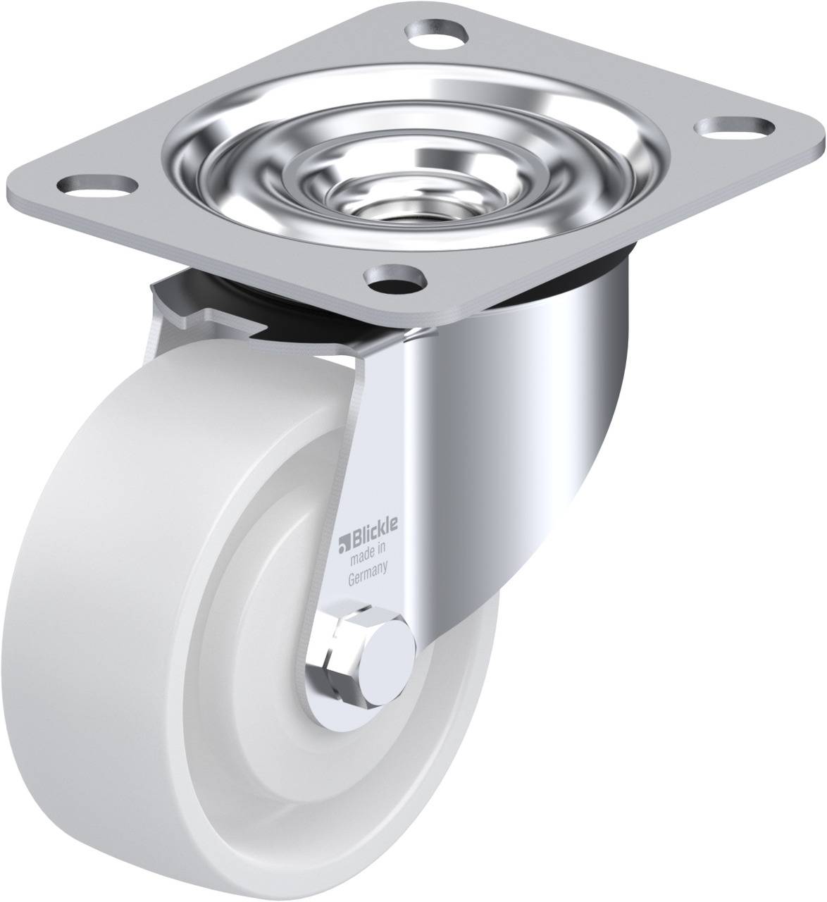 Metal wheel with white rubber and a rotatable mounting plate, suitable for industrial applications.