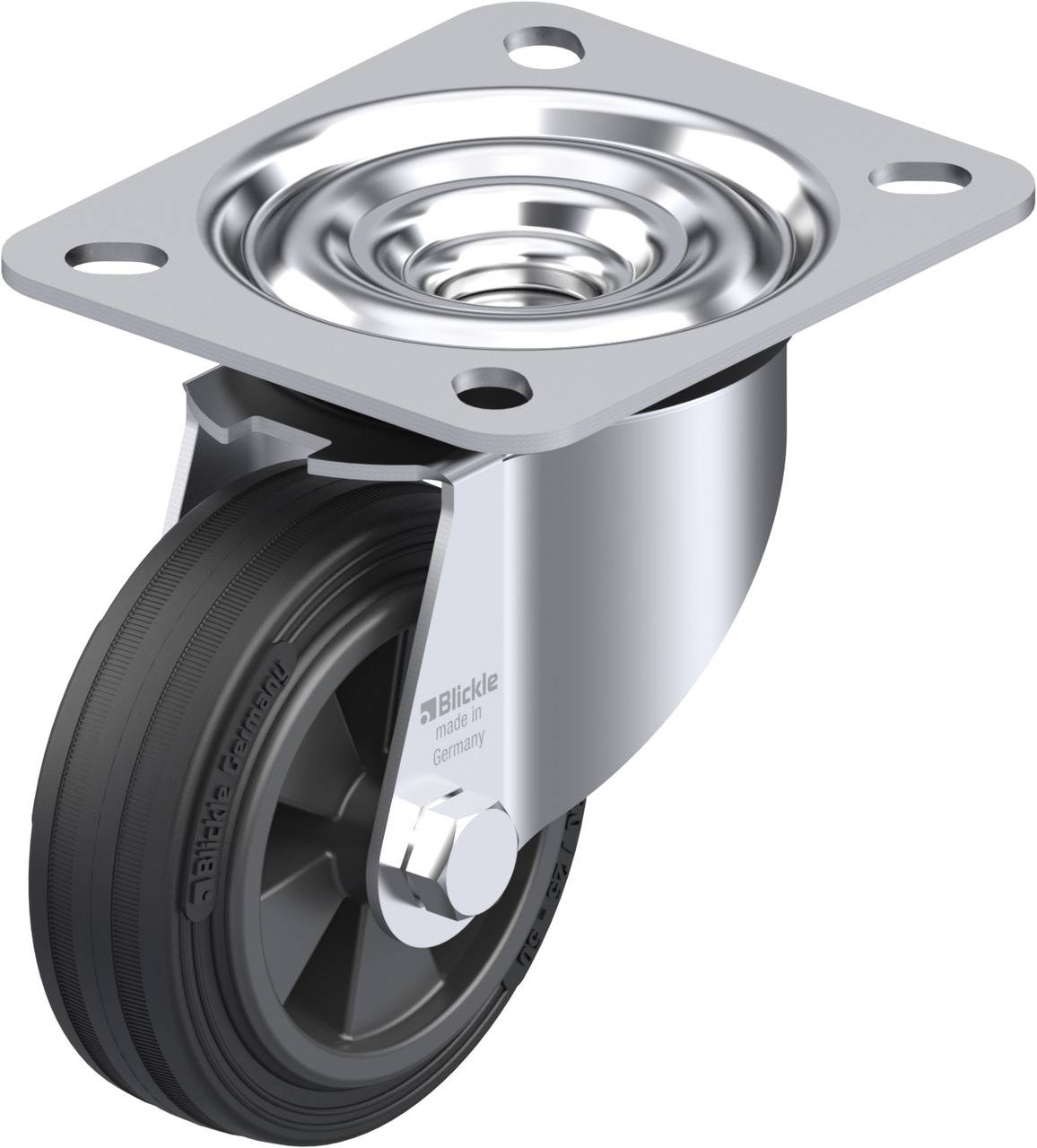 Metal and plastic castor, swivel-mounted. Frequently used on furniture or equipment to enable mobility.