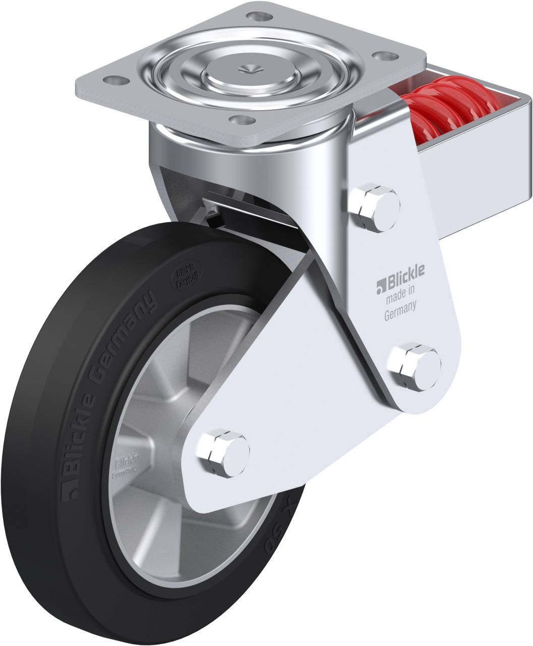 Swivel castor with a black wheel and silver housing, with text 'Blickle made in Germany'.