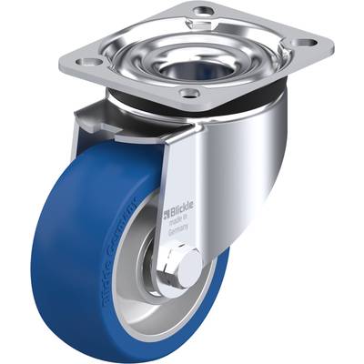Metal roller with blue rubber running surface and swivel mounting, suitable for light transport equipment.