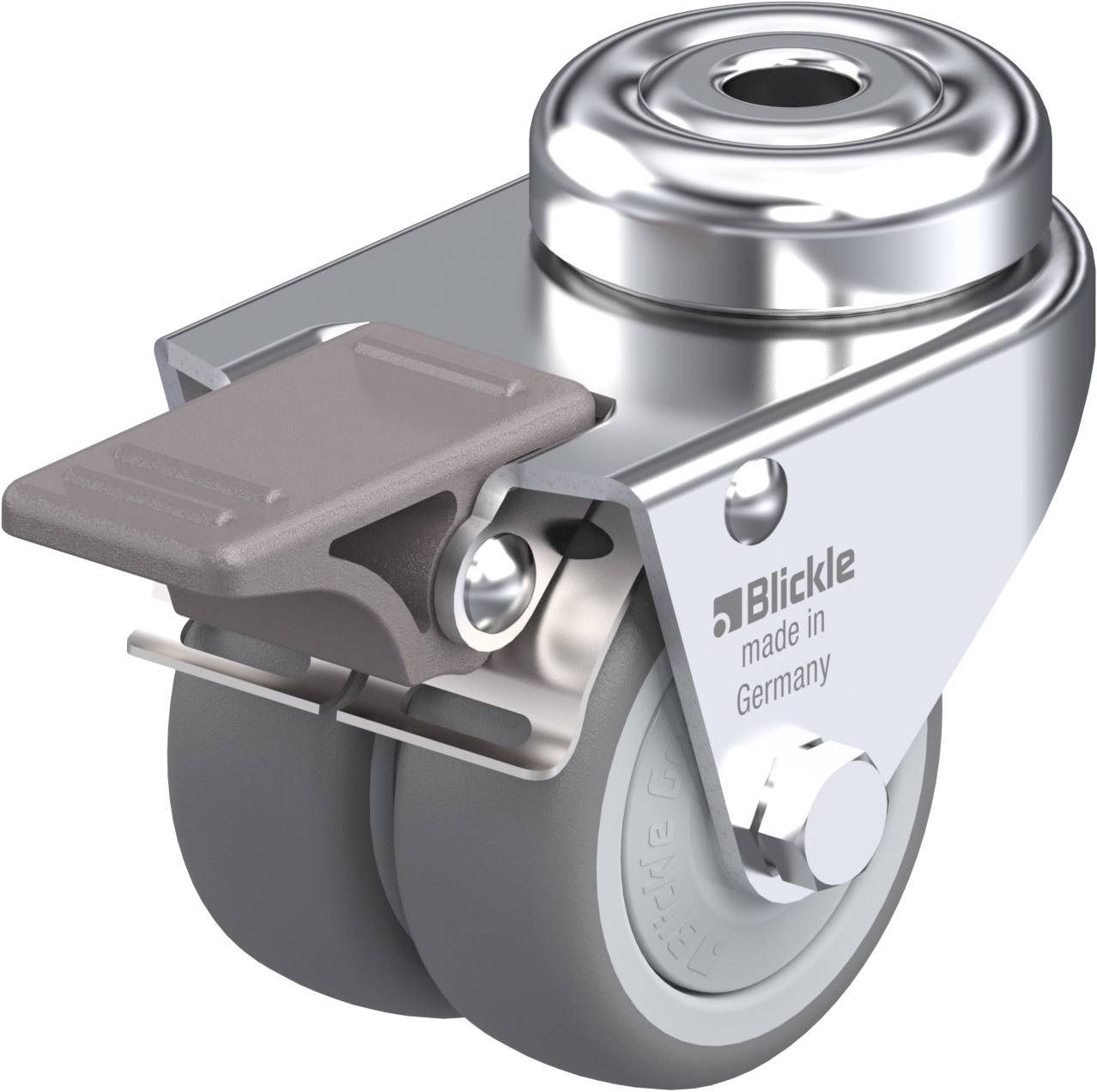 'Metal twin-wheel castor with brake, manufactured in Germany by Blickle.'