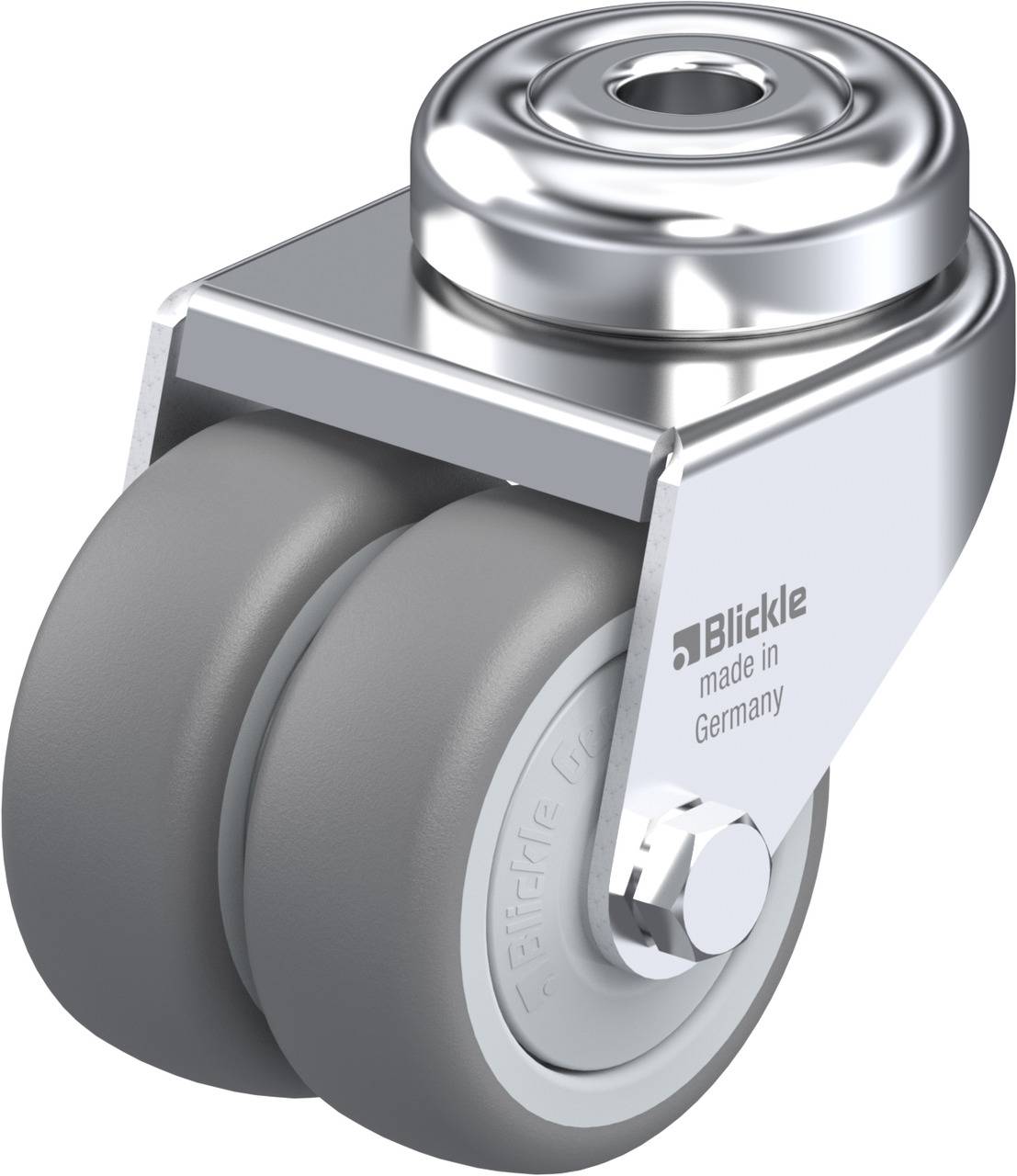 Double-roller pulley made of grey plastic with metal housing. Printed with: 'Blickle made in Germany'.