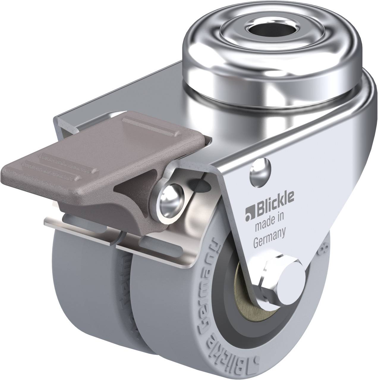 Industrial castor wheel with brake, labelled 'made in Germany'. Metal housing and grey wheel demonstrate industrial stability.