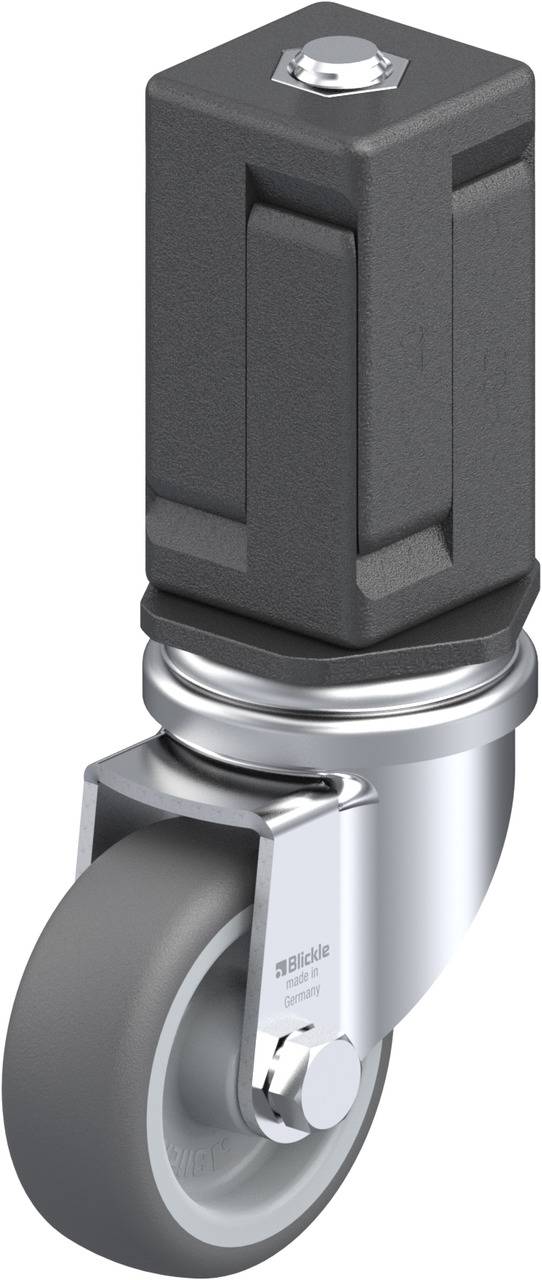 Swivel castor with grey rubber and black metal housing, suitable for use on furniture or equipment to facilitate easy movement.