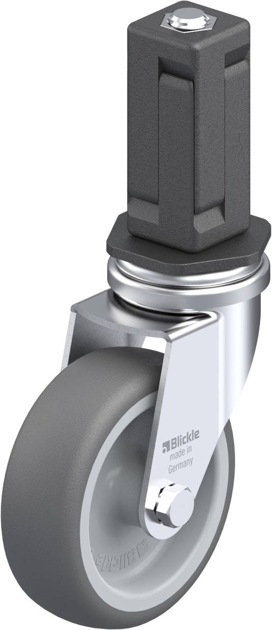 A grey swivel castor wheel with a black mounting sleeve, suitable for furniture or transport equipment.
