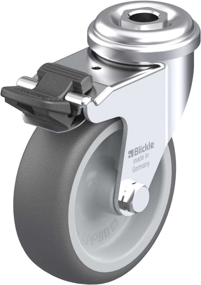 A castoring wheel with a grey wheel and silver housing, including brake. Text on the housing: 'Blickle made in Germany'.