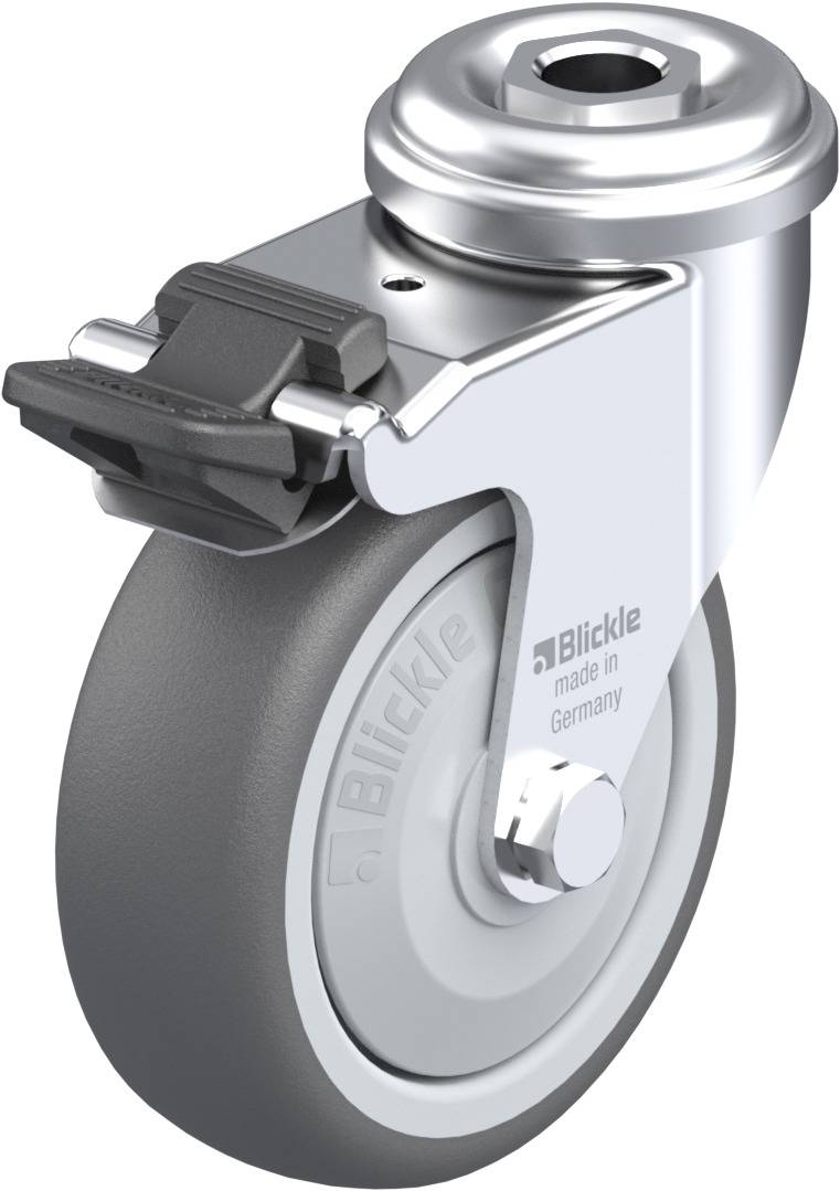 Grey, swivel castor wheel with brake, marked with 'Blickle made in Germany'. Primarily used on furniture or trolleys.