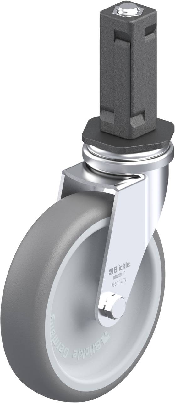 Grey-white castoring wheel with metal mounting and a rectangular pin on top.