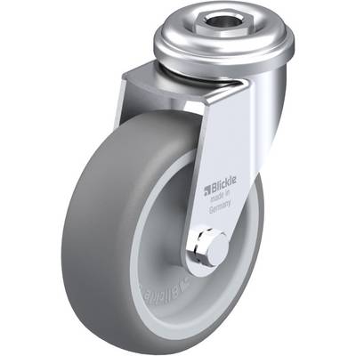 Metal roller wheel with grey rubber tyre and bearing. The 'Blickle' logo and 'made in Germany' are printed on the side.