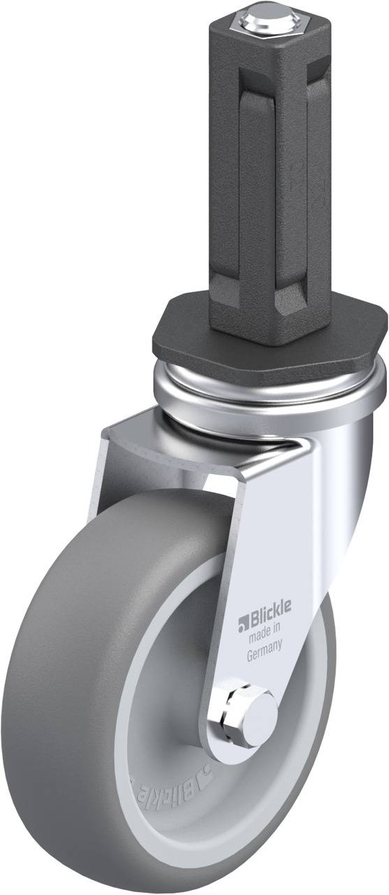 Grey metal steering castor with rectangular mounting bolt for industrial applications. Marked with 'Blickle Made in Germany'.