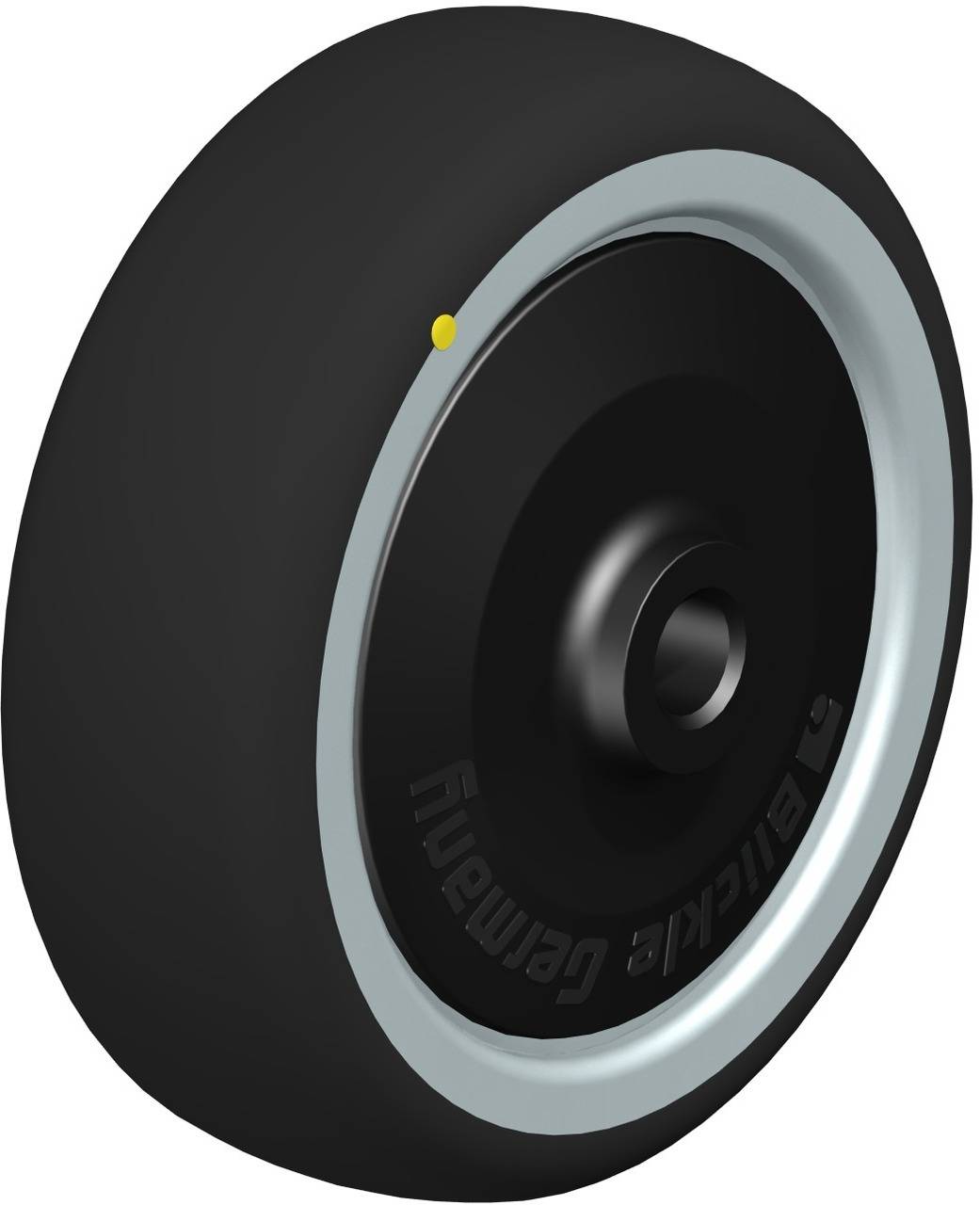 Black wheel with a silver rim and yellow dot, showing symmetrical design and robust construction, suitable for industrial applications.