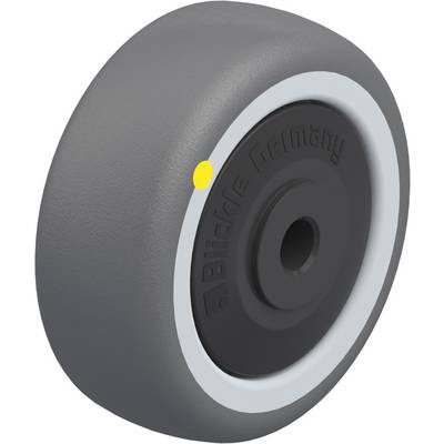 Grey plastic wheel with black hub and white ring, with a yellow marking on the side. Wheel by Blickle Germany.