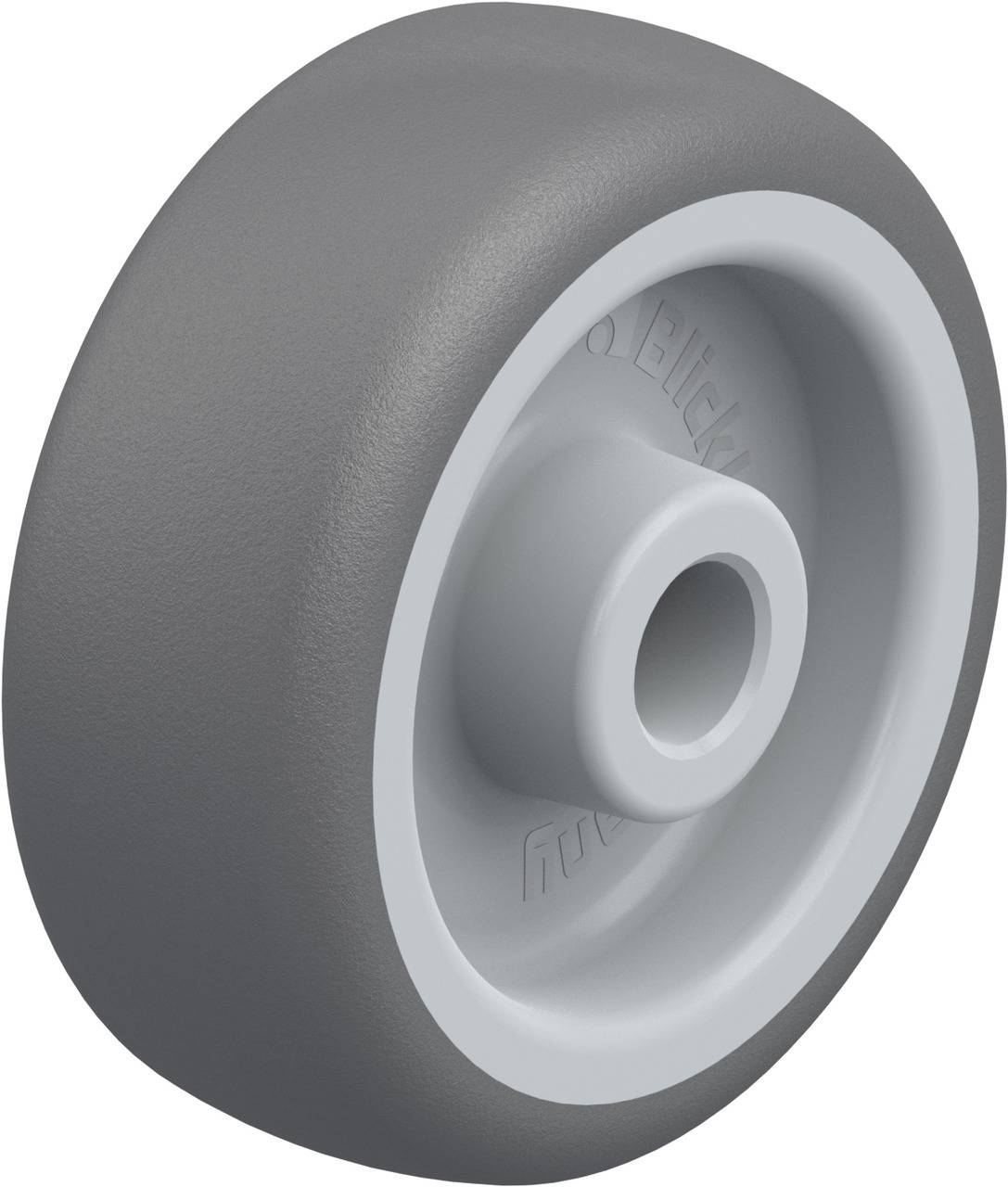 Grey plastic wheel with a smooth surface and a round hole in the centre. Suitable for furniture or industrial applications.