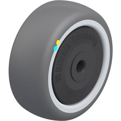 Grey wheel made of rubber with a black plastic core, inscription 'Blickle Germany'.