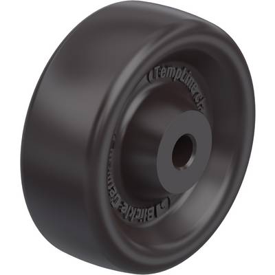 A black, round wheel with a smooth surface and a central bore, suitable for wheelchairs or trolleys.