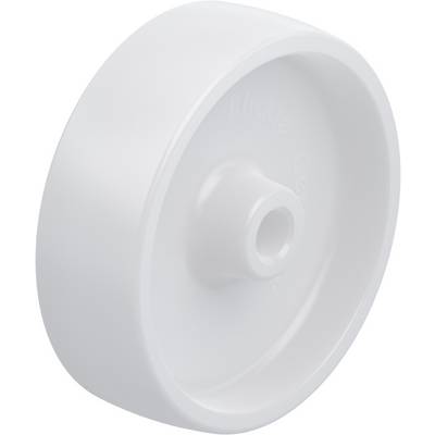 A simple, white plastic wheel without a visible axle, potentially for furniture or equipment construction.