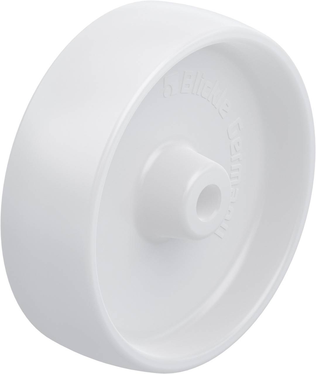 A white plastic wheel with a smooth surface, suitable for light-duty applications. 'Blickle Germany' marking on the side.