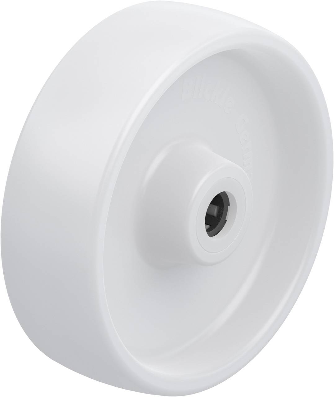 White plastic wheel with central metal axle, suitable for industrial applications.<br><br>Note: The translation is essentially the same as the original text, as the English version is already quite precise and standard.