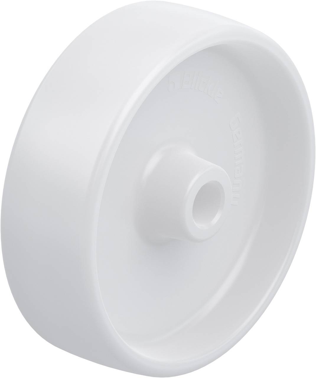 A white plastic wheel with a smooth surface and a central opening, suitable for use on furniture or devices.