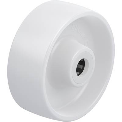 A white plastic wheel with a smooth surface and a central hole, suitable for light to medium applications in furniture or devices.