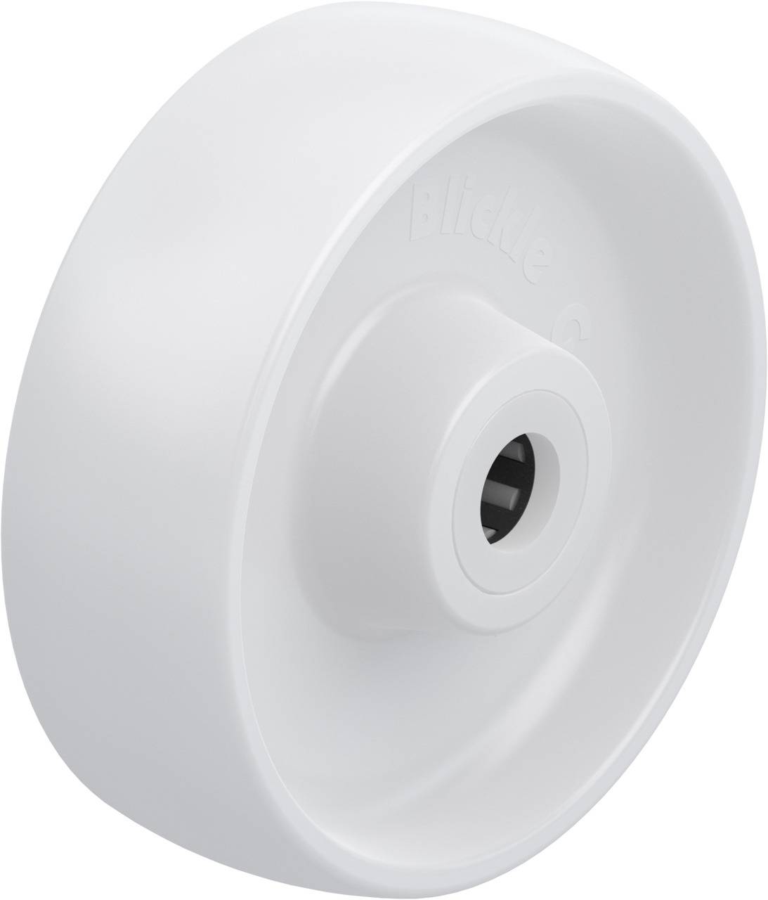 White, round plastic wheel with internal bearing and smooth surface. Suitable for light to medium furniture and equipment.