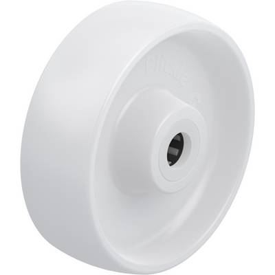 White, round plastic wheel with internal bearing and smooth surface. Suitable for light to medium furniture and equipment.