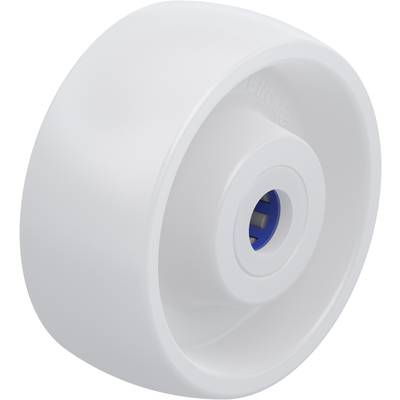 A white wheel with a blue inner core, similar to a skateboard wheel, on a neutral background.